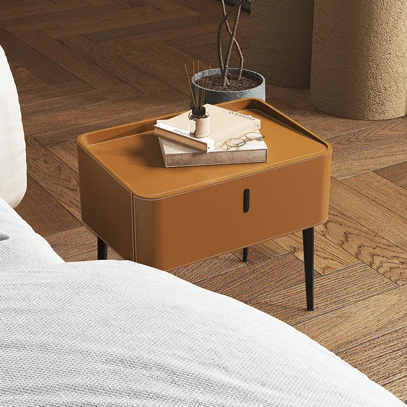 for Modern Bedroom Storage Italian Minimalist Bedside Table with Genuine Leather Top Durable Compact Nightstand Solid Wood