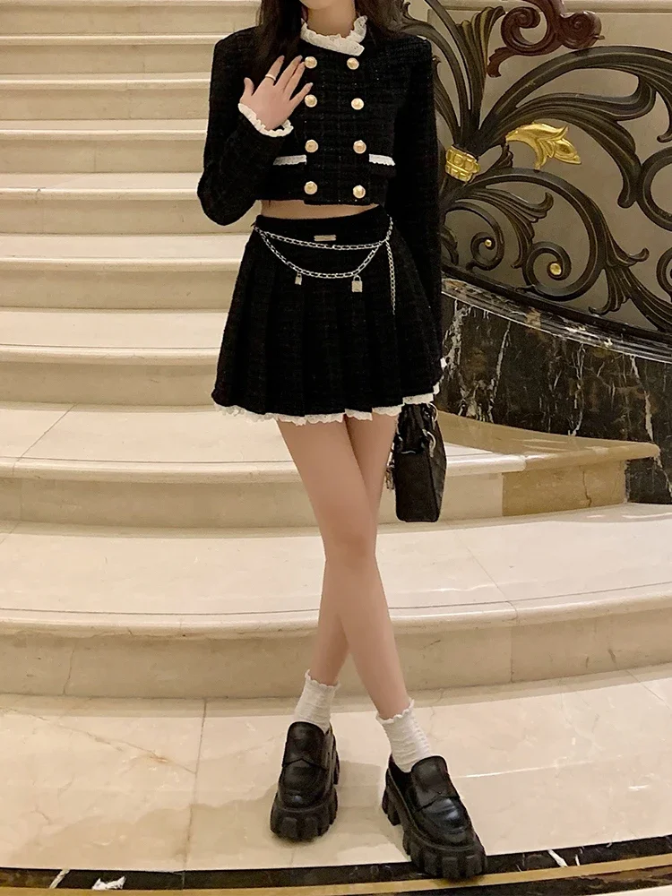 2025 Autumn Elegant Two Piece Skirt Set Women Button Pleated Y2K Mini Skirt Suit Female Casual Korean Fashion Skirt Set 20223