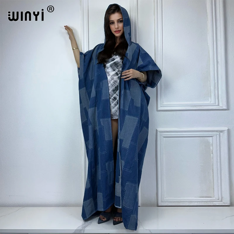 WINYI Africa fashion kimono for women Hooded Jacquard for Old Spliced Denim sleeveless Cardigan swimsuit beach cover up coat