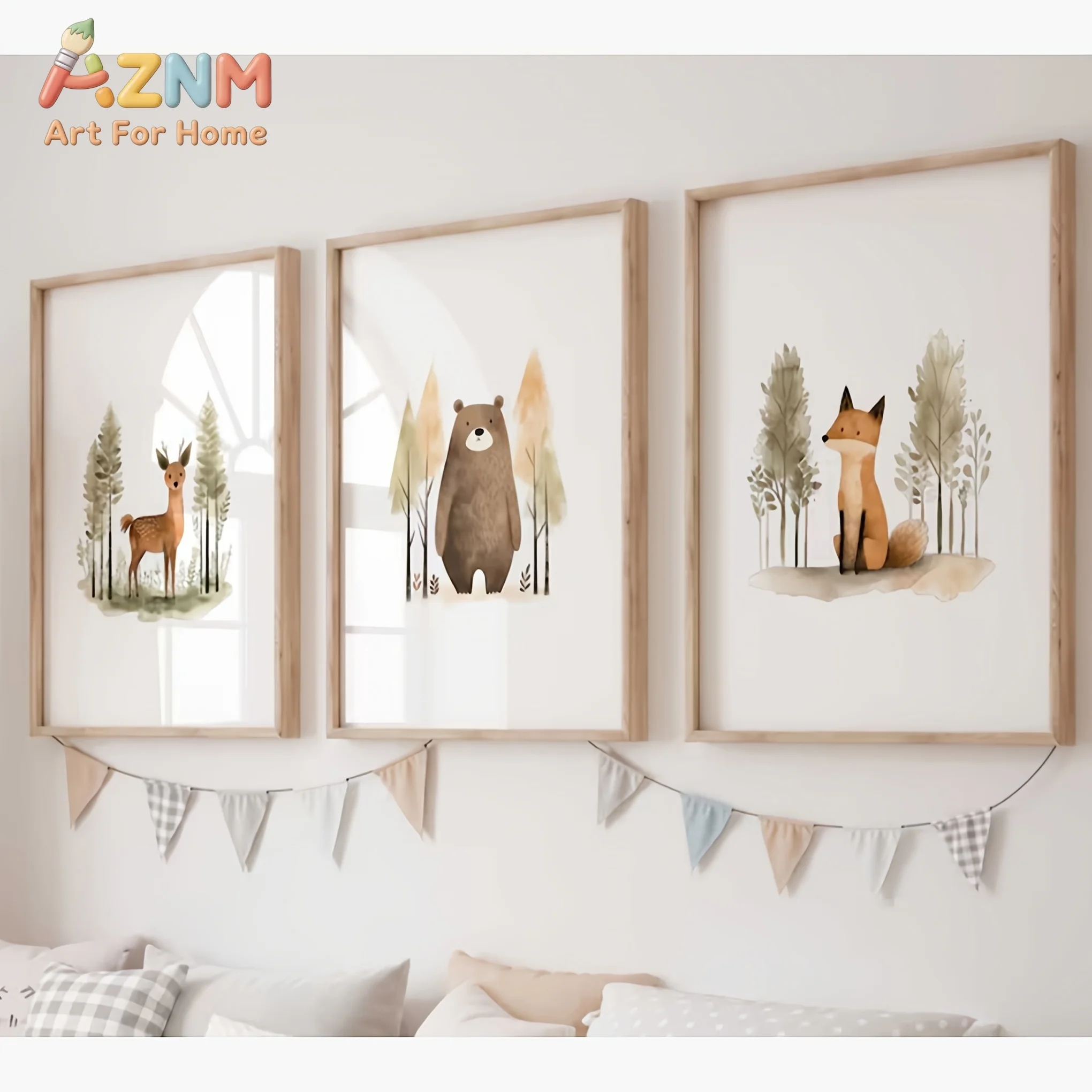 AZNM Watercolor Forest Animal Canvas Wall Art Deer Bear Fox Woodland Pattern Frameless Canvas Painting Nursery Kids Room Home De
