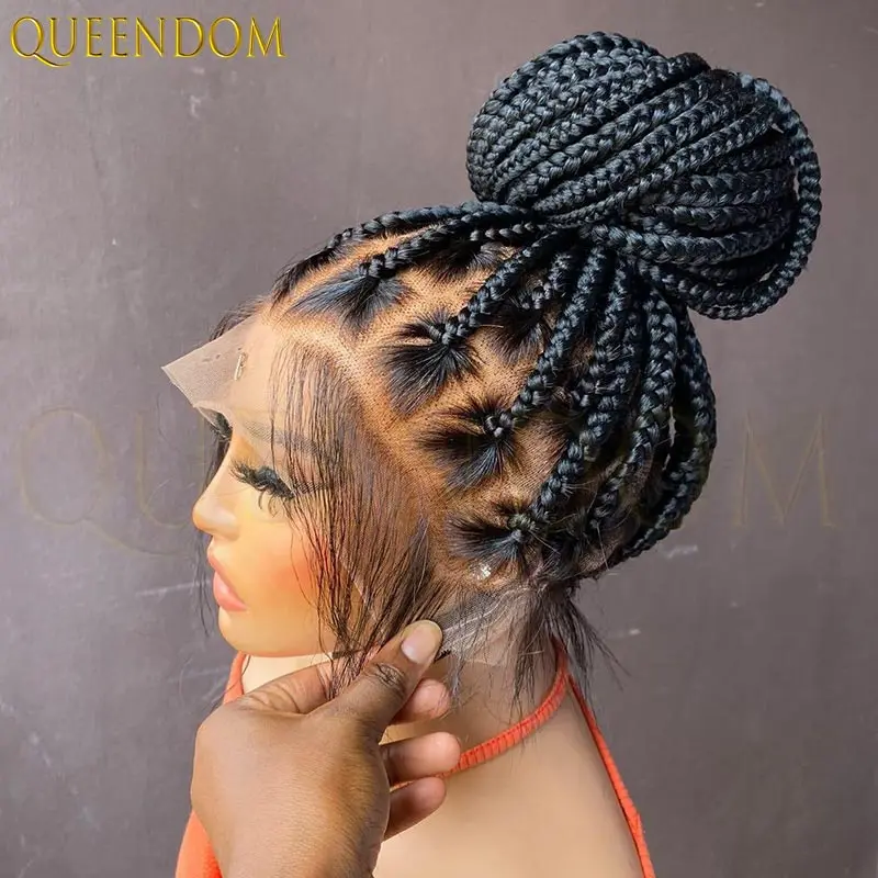 

36-дюймовые синтетические прозрачные полные кружевные плетеные парики без узлов, парик с косами для чернокожих женщин, длинный черный парик из искусственных локонов