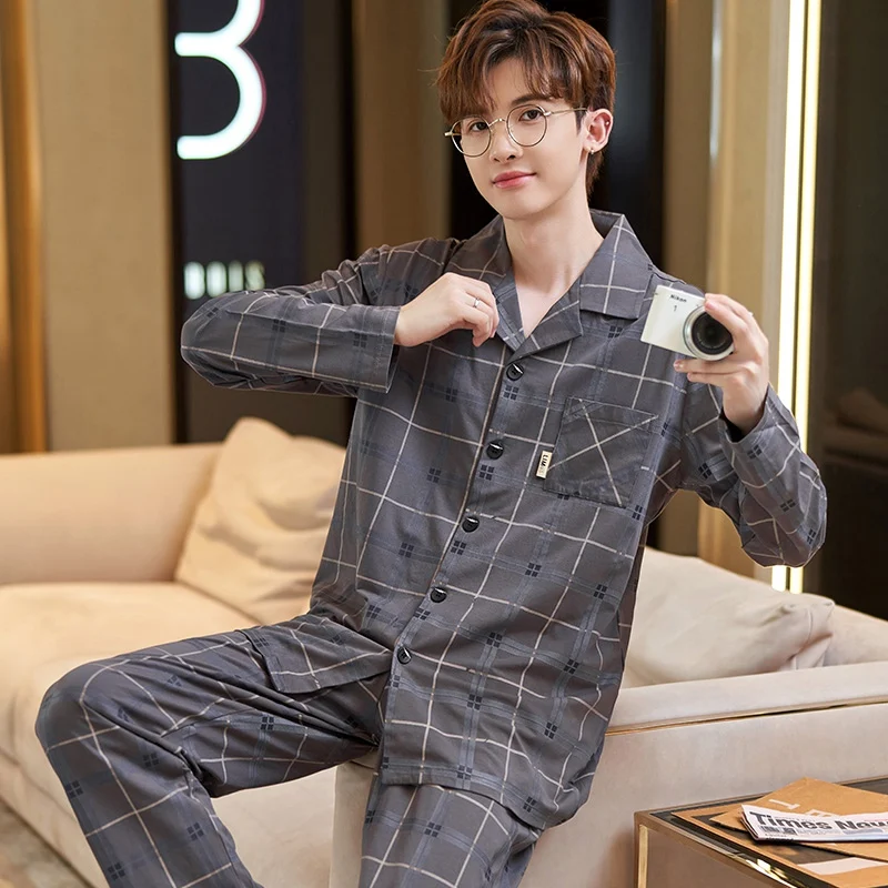 2024 Spring Long Sleeve Casual Plaid 100% Cotton Pajama Sets for Men Korean Loose Sleepwear Pyjama Male Homewear Clothes Outfits