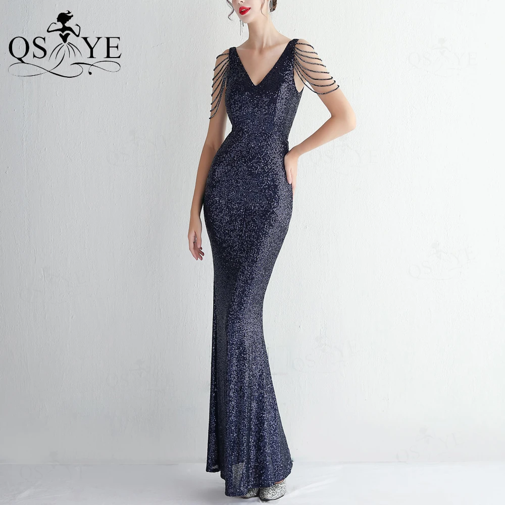 

Navy Sequin Evening Dresses Beading Sleeves V Neck Mermaid Prom Gown Open Back Crystal Beads Dark Blue Woman Formal Party Dress