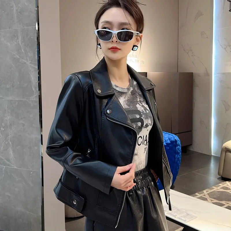 Chic Leather Jacket Women\'s Outwear Spring Autumn 2024 New Elegant Zipper Loose Comfortable PU Leather Motor Vehicle Clothing