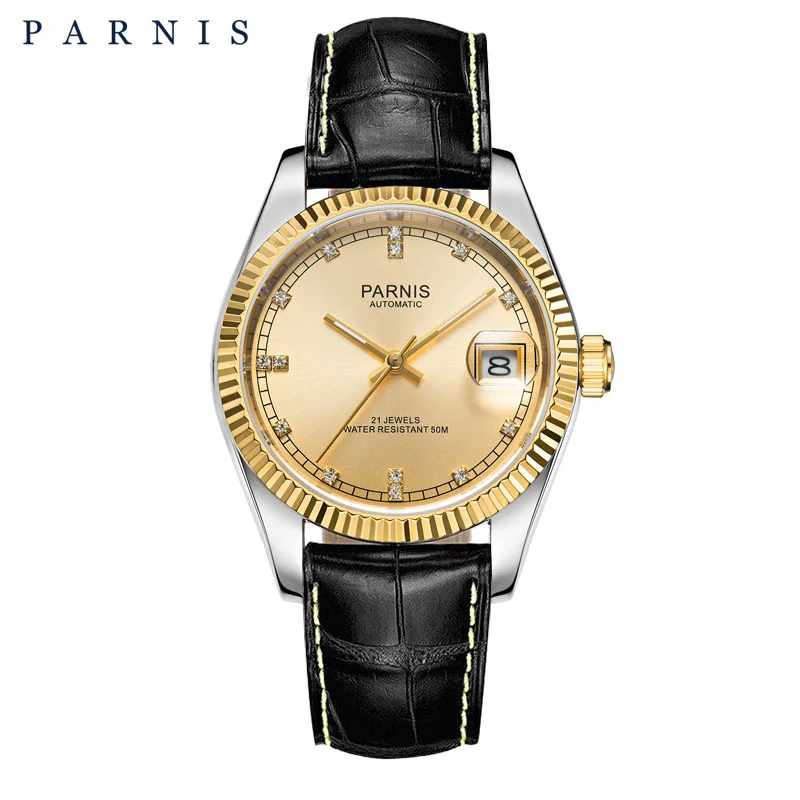 Parnis 36mm Silver Gold Mens Watches Sapphire Crystal 21 Jewels Miyota Movement Automatic Mechanical Male Wristwatch