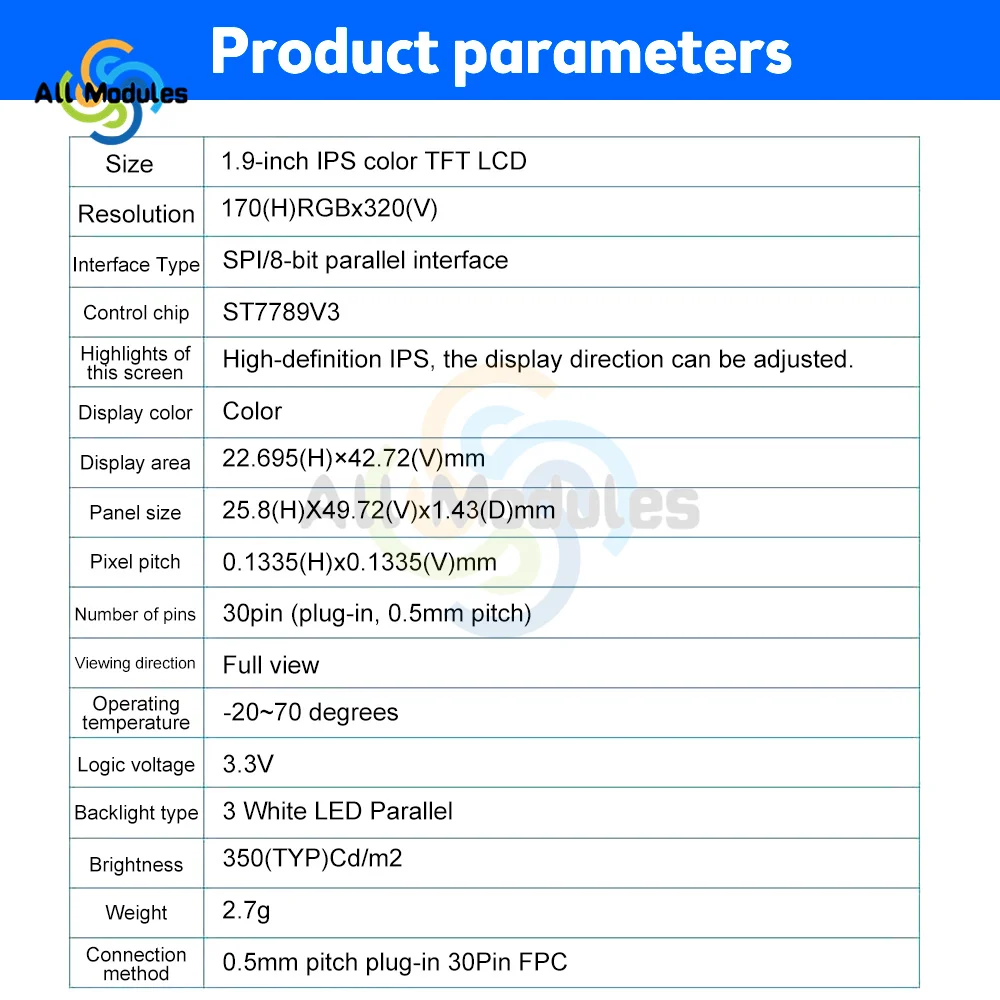 1.9 بوصة TFT شاشة الكريستال السائل 170x320 HD ISP شاشة LCD ST7789 سائق الشاشة التسلسلية 3.3 فولت شاشة الكريستال السائل