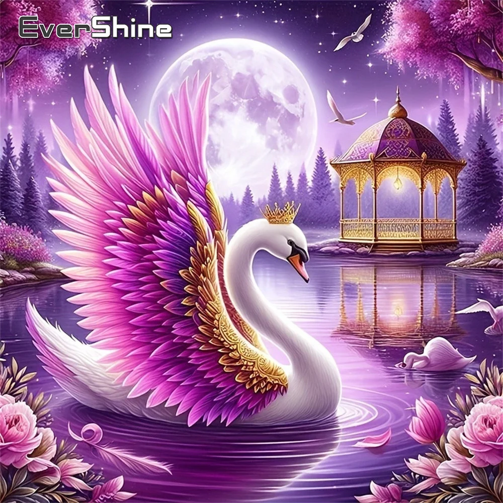 Evershine DIY Diamant-Mosaik Landschaftsbild mit Vollbesatz, Schwan-Gemälde aus Strass, Mond-Stickerei, Einzigartiges Geschenk