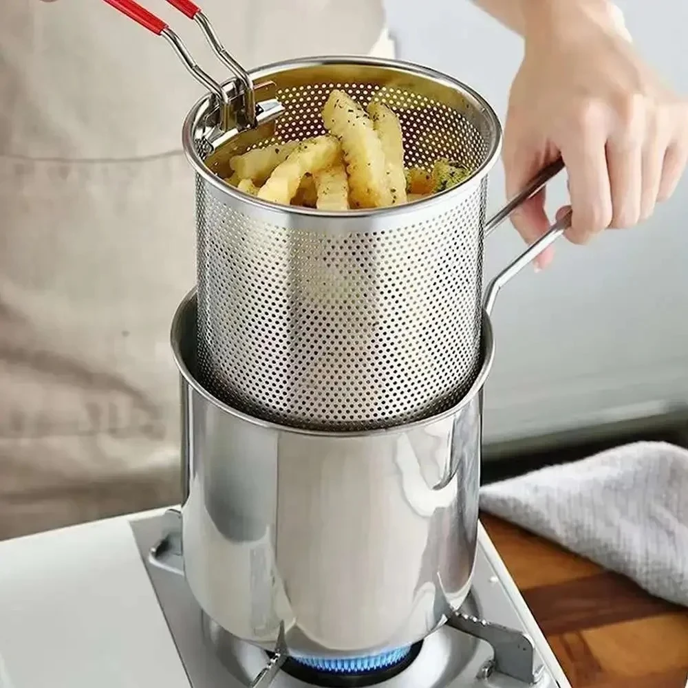 Freidora de Acero Inoxidable con Canasta para Uso Doméstico y Comercial, para Freír Pollo Tempura, Base Antideslizante, Mango Resistente al Calor