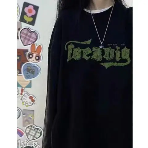 Letter Printed Pullover Retro Street Loose Sweatshirt Korean Fashion Women'S Autumn And Winter Harajuku Long Sleeve