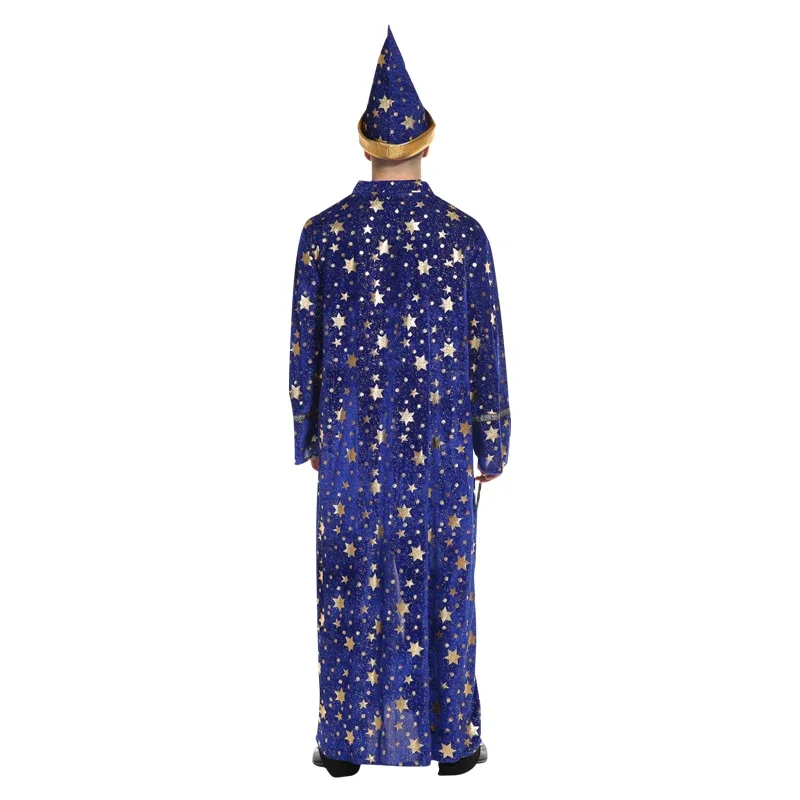 Men Magic Magician Costume with Blue Robe Cloak Hat Star Moon Magician Wizard Cosplay Costume Adult Role Playing Clothing