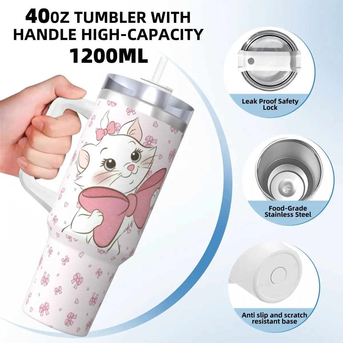 Cartoon Pink Marie Cat Stainless Steel Tumbler Kawaii Mugs Cup Large Thermal Mug Heat Preservation Cold and Hot Water Bottle