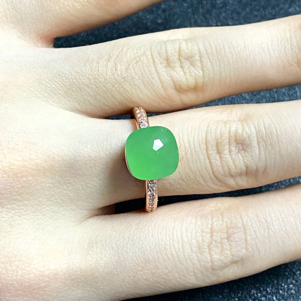 Classic Ladies Square Candy Ring Slim Single Row Zircon Crystal Ring Gold Plated Emerald Green Ring Fashion Jewelry Party Gift