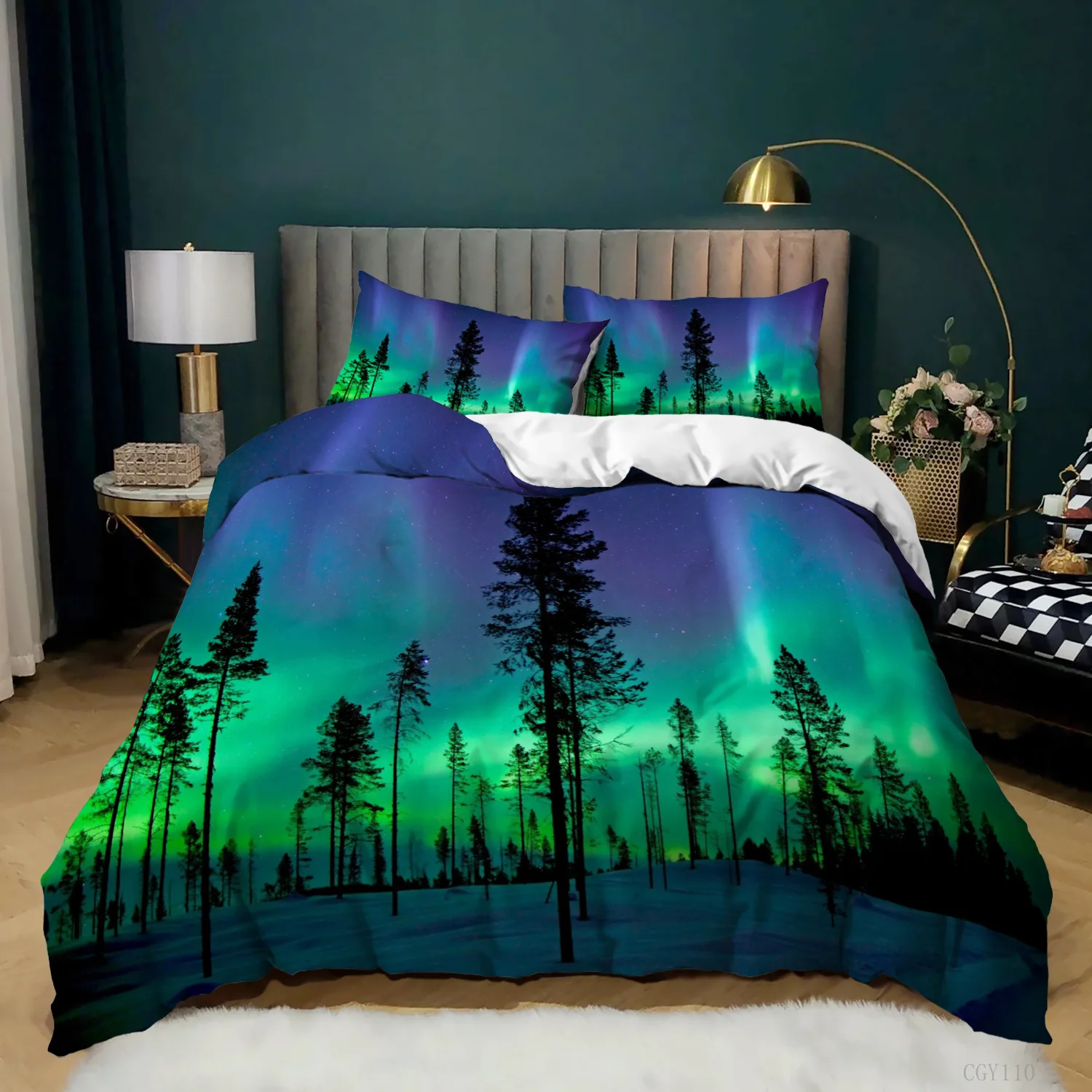 Aurora Borealis polyester Duvet Cover Set Tree Under Magnetic Field of Nature with Northern Lights Landscape Picture King Size