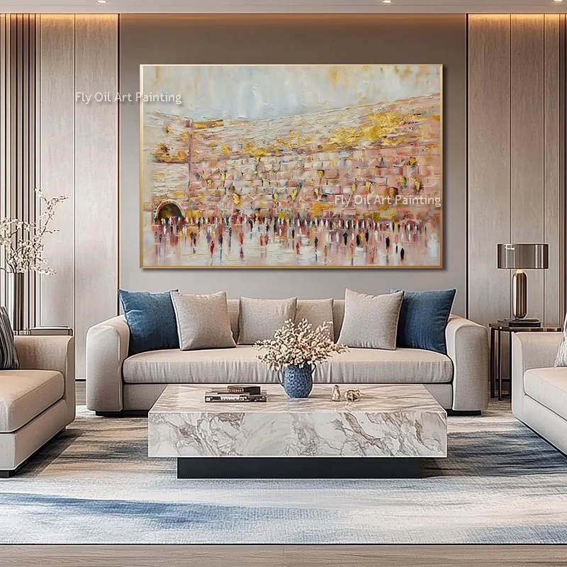 Original Hand Painted Western Wall Jerusalem Oil Painting Impasto Textured Wailing Wall Canvas Art Abstract Religious Cityscape