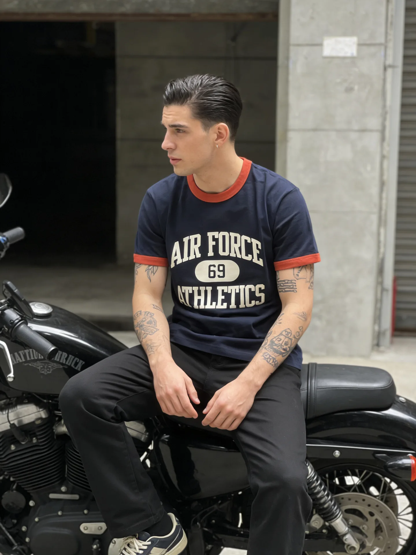 OKONKWO Heavyweight Smooth Cotton T-Shirt 300g Air Force College Style Color Block Ribbed Thick Short-Sleeve Men's Casual Top