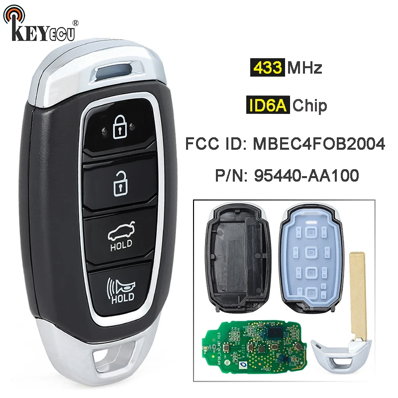 

KEYECU 433MHz ID6A Chip P/N: 95440-AA100 FCC: MBEC4FOB2004 OEM Parts Keyless Smart Remote Key Fob for Hyundai Elantra 2021-2023