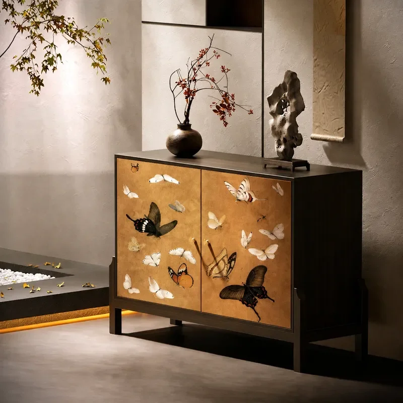 New Chinese Style Butterfly Ancient Painting Solid Wood Vertical Cabinet Entrance Porch Partition Storage Dining Sideboard