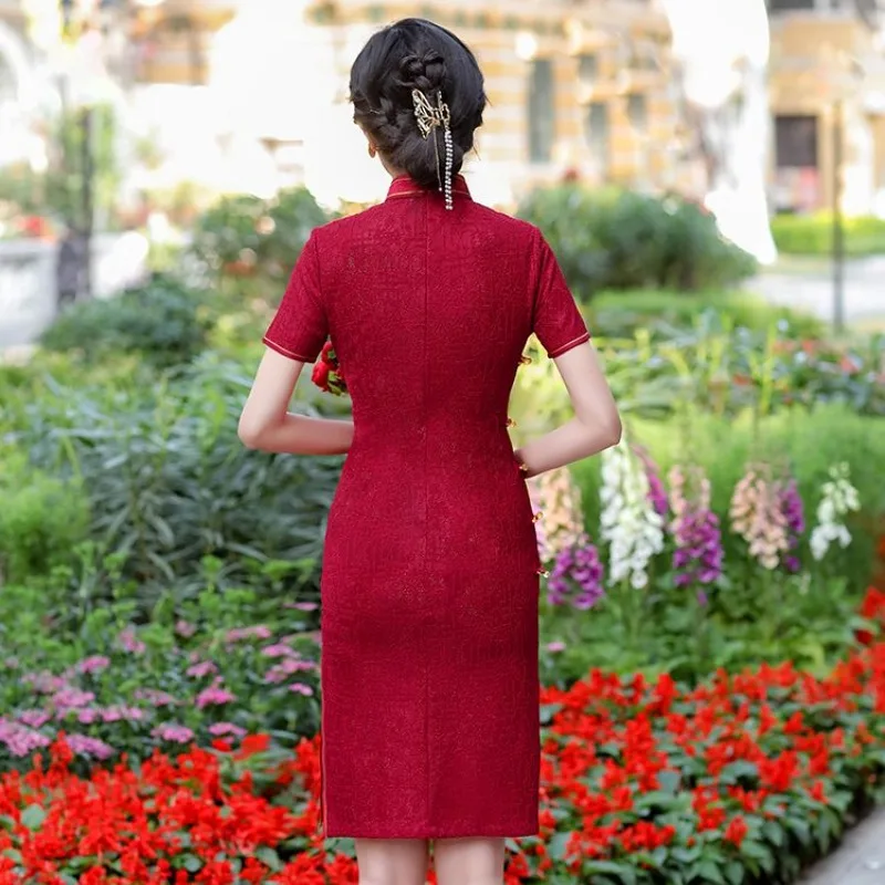 2024 Chinese Wind Women Summer Lace Dress Slim Fit Elegant Qipao Wine Red Wedding Short Sleeve Vintage Improved Cheongsam