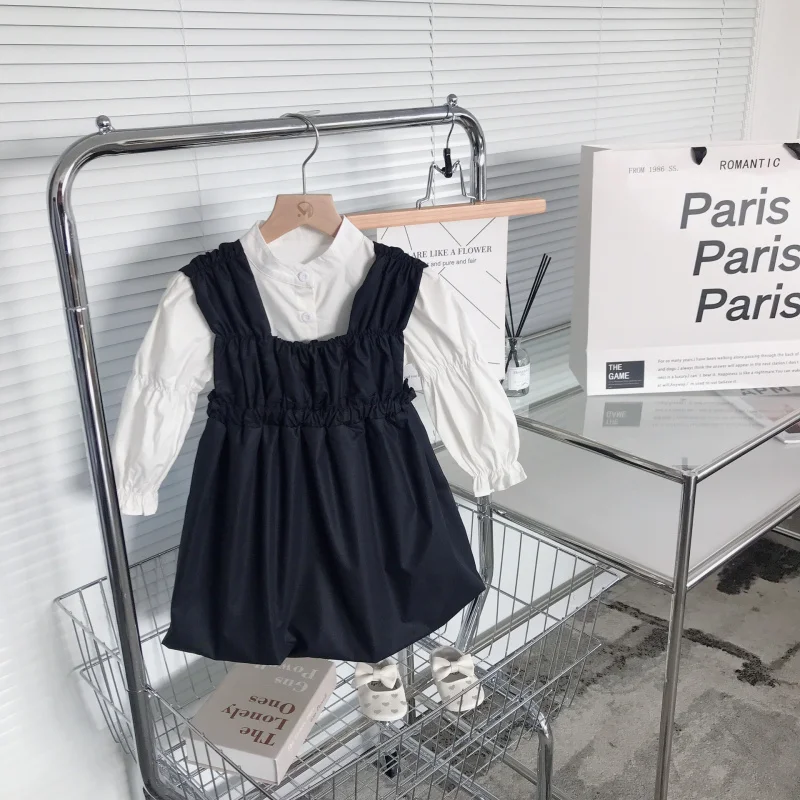 

Girls' Strap Dress Spring New French Hepburn Style Black Waist Cinching Ruched Princess Dress Wholesale