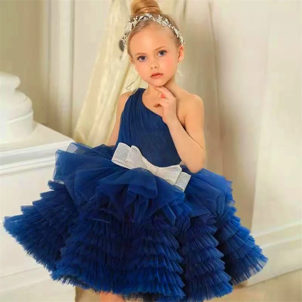 One-Shoulder Mini Fluffy Gelaagde Bloem Meisje Jurk Prinses Bal Schoonheidswedstrijd Eerste Communie Kinderen Verrassing Verjaardagscadeau