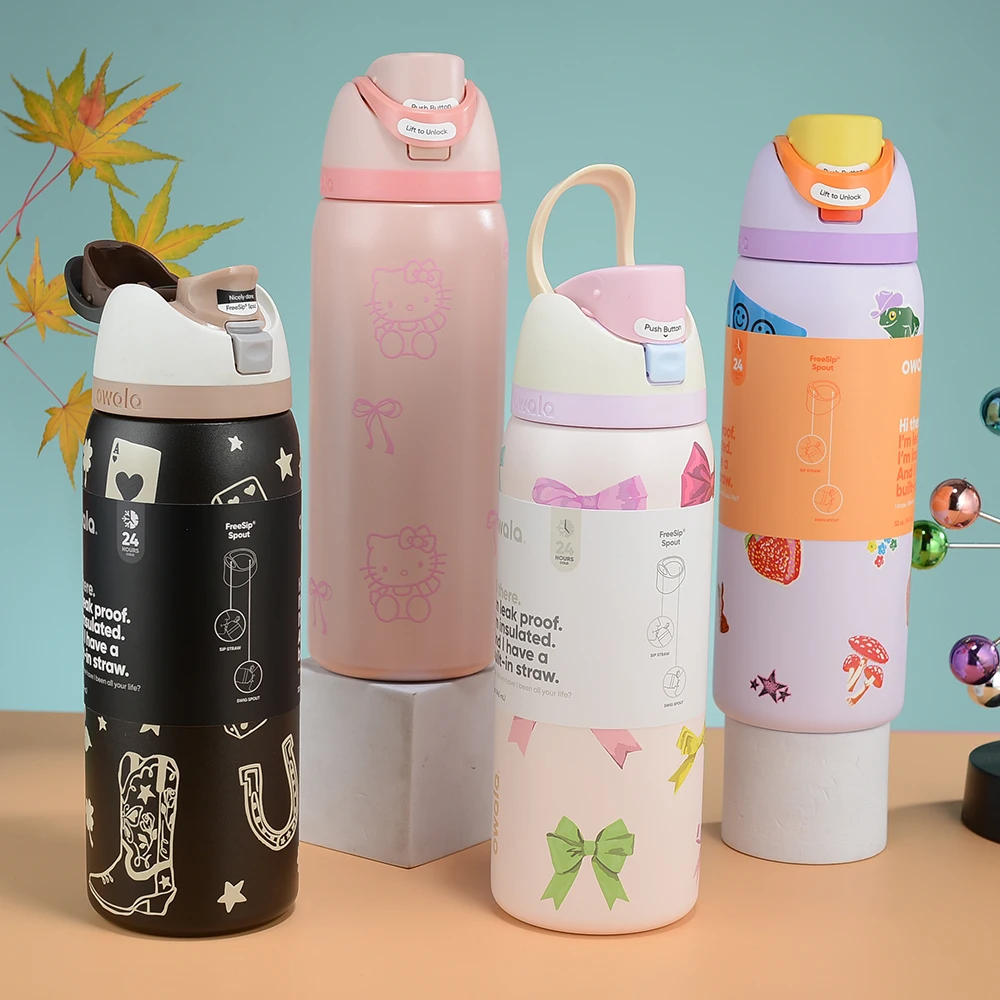 Bouteille d'eau isolée en acier inoxydable Owala avec paille, bouteille d'eau de sport sans BPA, idéale pour les voyages, 24Oz/32 Oz,