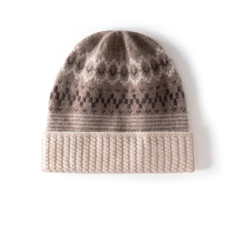 KOIJINSKY Women Autumn Winter 35% Cashmere 65% Merino Wool Vintage Geometric Jacquard Knit Beanie Contrast Ribbed Roll Cuff Elas