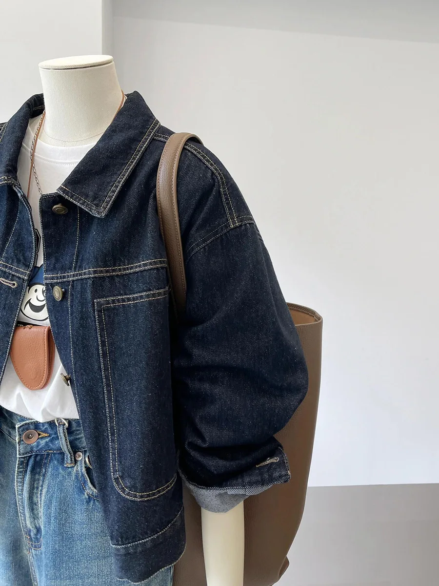 Wiosenno-jesienna, nowa, koreańska wersja, casualowa i wygodna, cienka koszula z kieszeniami, granatowa krótka kurtka jeansowa, styl roboczy dla kobiet.