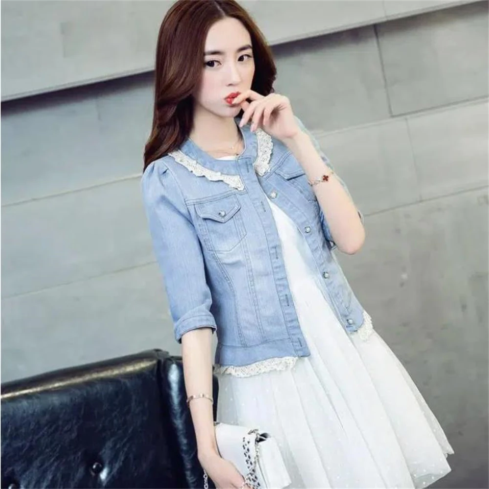 Women's O-Neck Lace Collar Denim Jacket Three Quarter Sleeve Jean Jacket Fall Outerwear Girlfriend Tops Fall