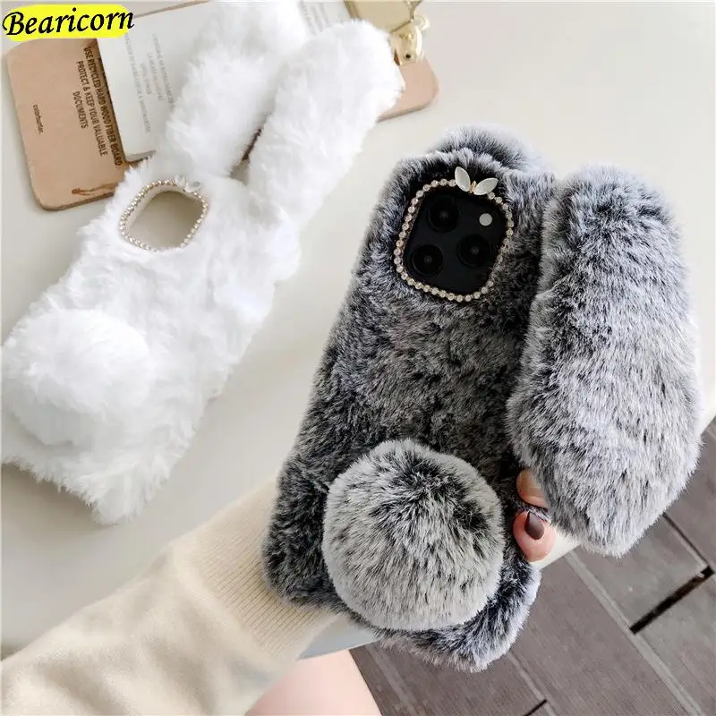 Мягкий плюшевый чехол для iPhone 13 14 15 11 12 Pro XR X Xs Max 7 8 6 6s Plus 5 5S SE mini 3D Furry Rabbit Bunny Warm Fur Hair Cover