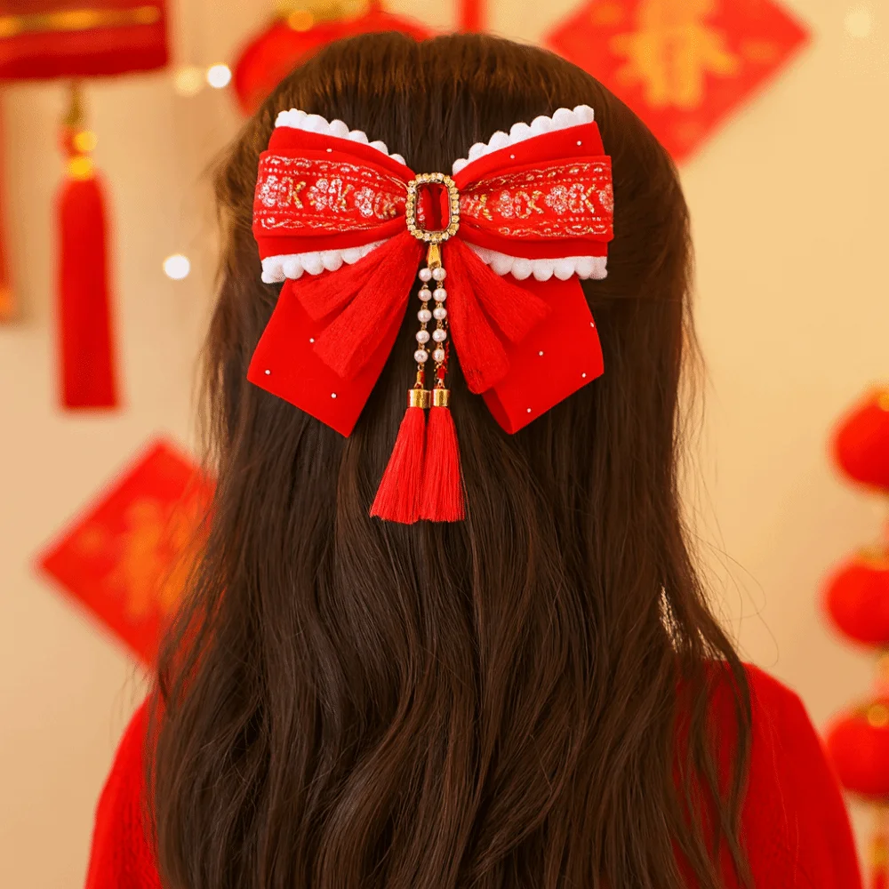 

Holiday Red Bow Ribbon Hair Clip Tassel New Year Hairpin Pompom Flower Hanfu Hair Ornamen Girls