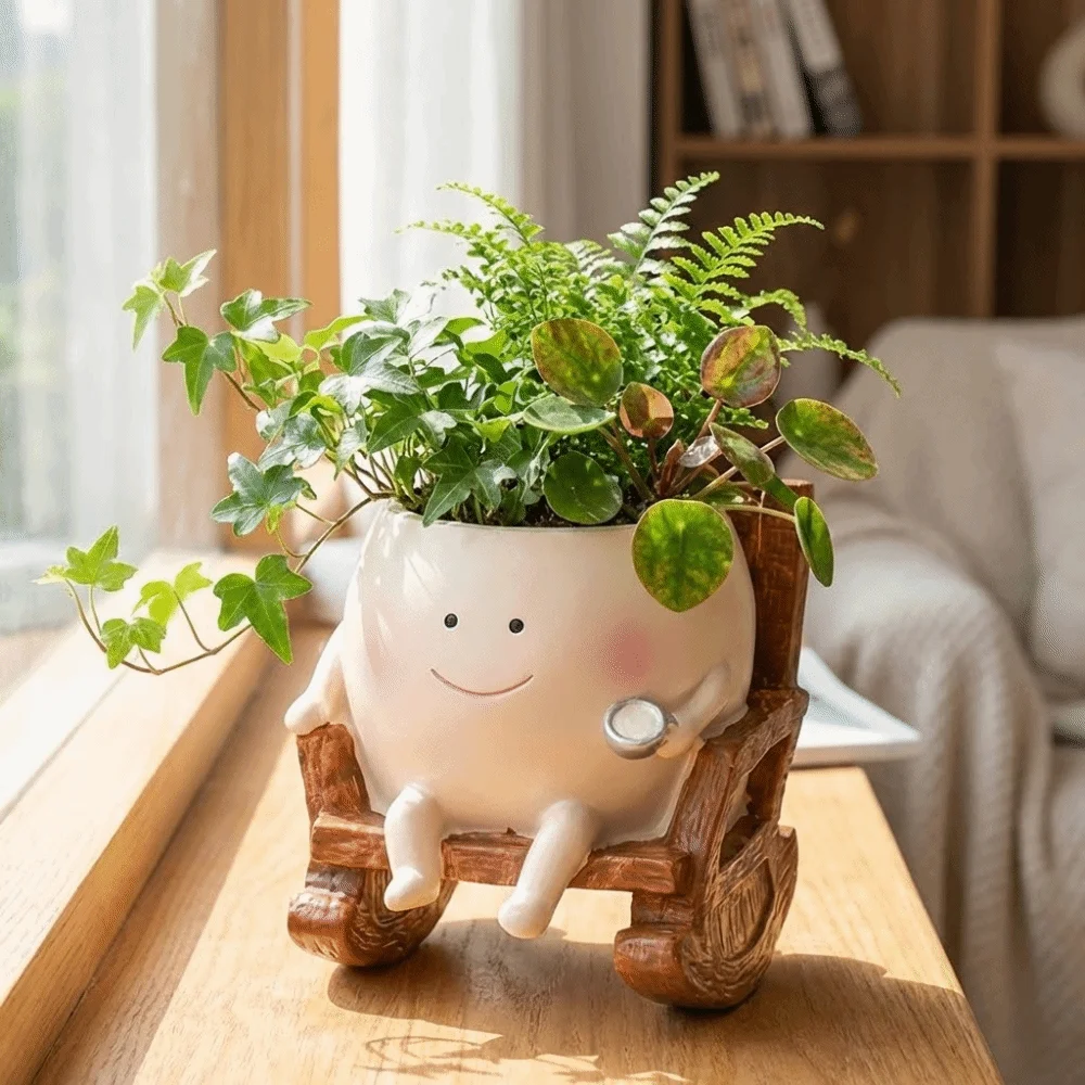 Funny Mini Smily Face Planter Pot Creative Resin Flower Pot Unique Design Smiley Face Rocking Chair Planters Home Decoration