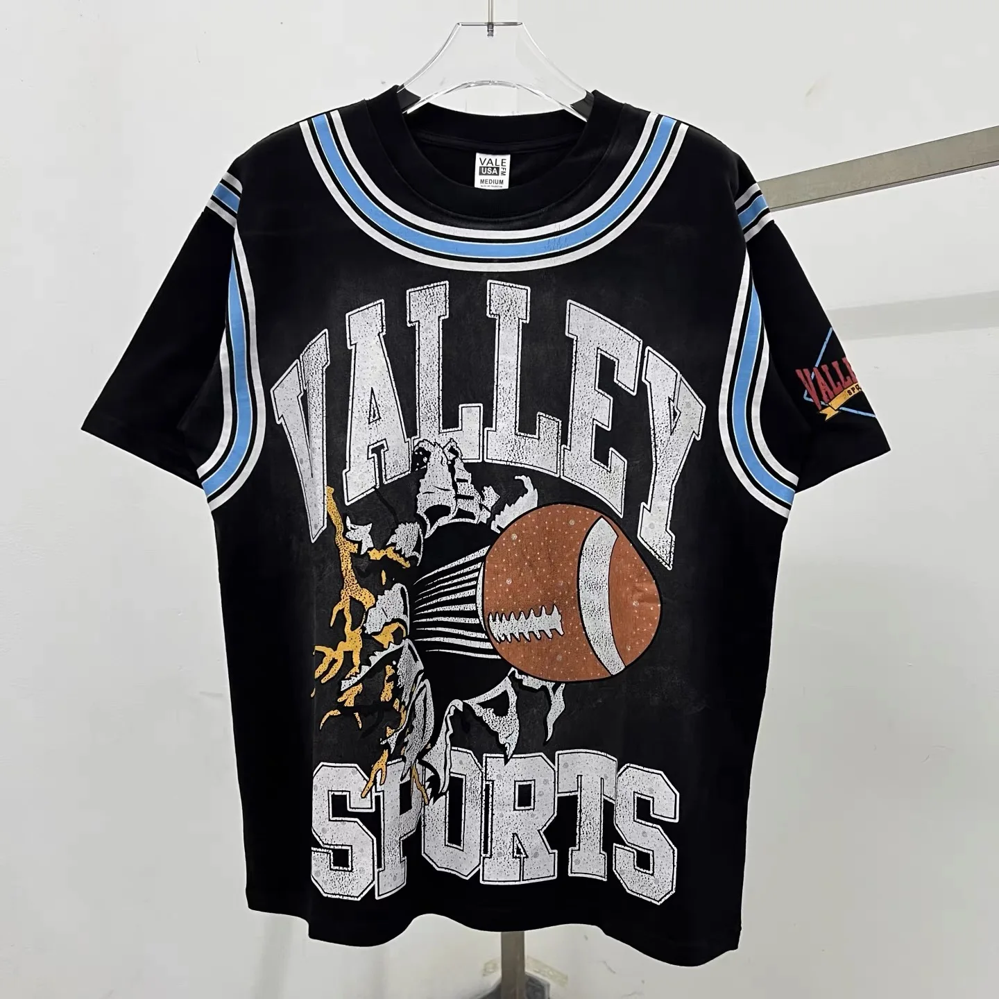 

American Streetwear VALLEY T-Shirts Men Women 1:1 High Quality Rugby Print Vale Black Washed Short Sleeves Top Real Picture
