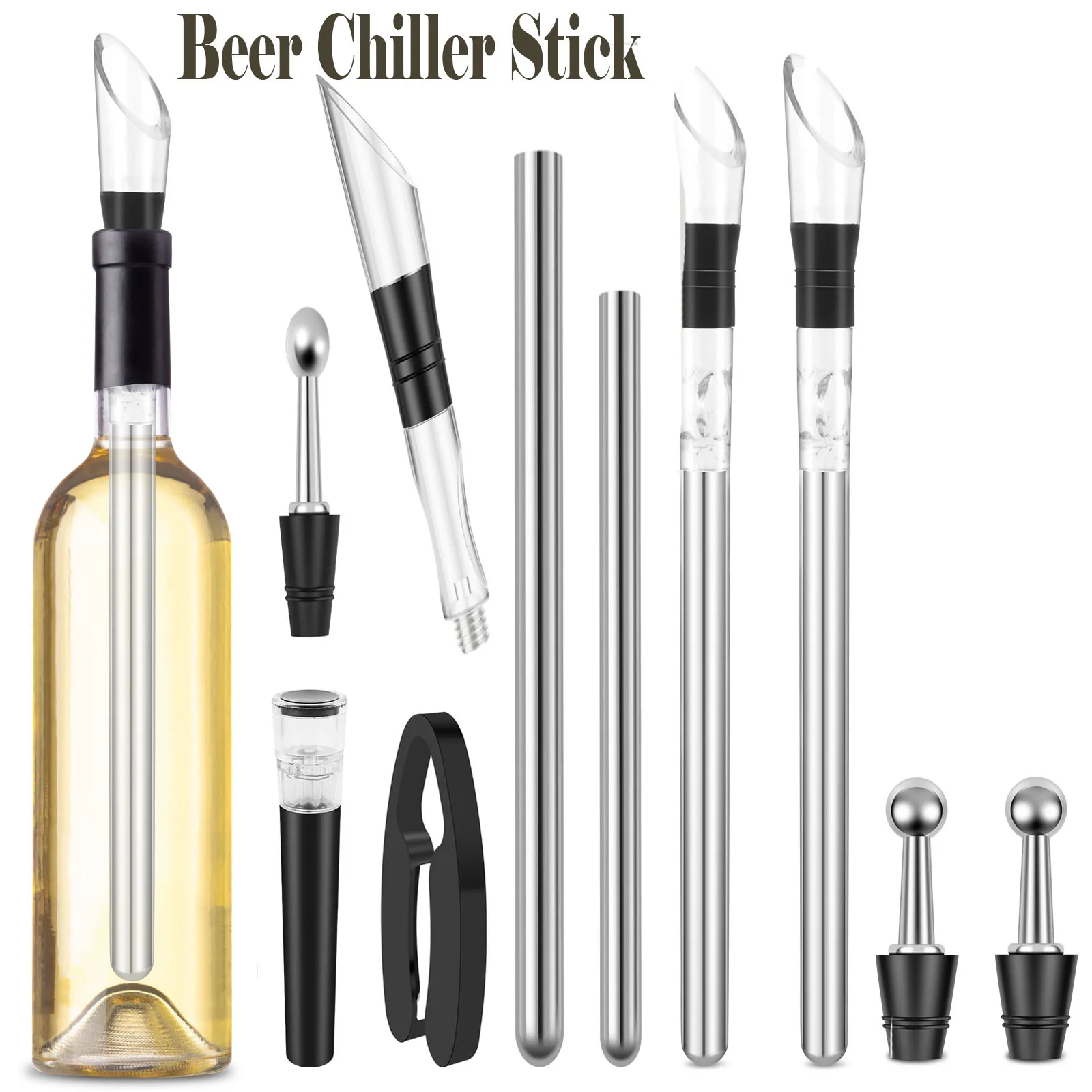 Weinkühlstab, Edelstahl, Frozen Stick, Bierkühler, Stick, Eisweinkühler, 4-in-1, Weinkühlung mit Weinausgießer, Stoppschneider