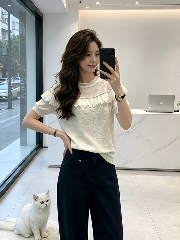 

Chic Short Sleeve Knitted Top Women's Fashion Ageless Summer New Style Wooden Personality Slimming Versatile Women's Top