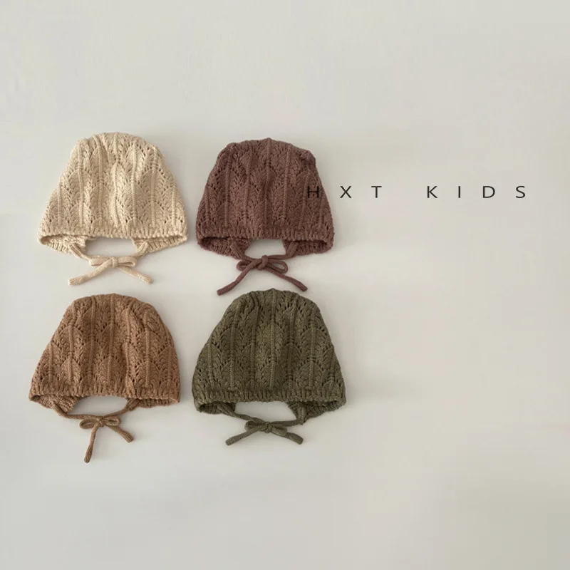 Fashion Retro Hollow Children Knitted Hats Handmade Crochet Flower Girls Parent-child Outdoor Cotton Hat 2024 Autumn Winter Caps