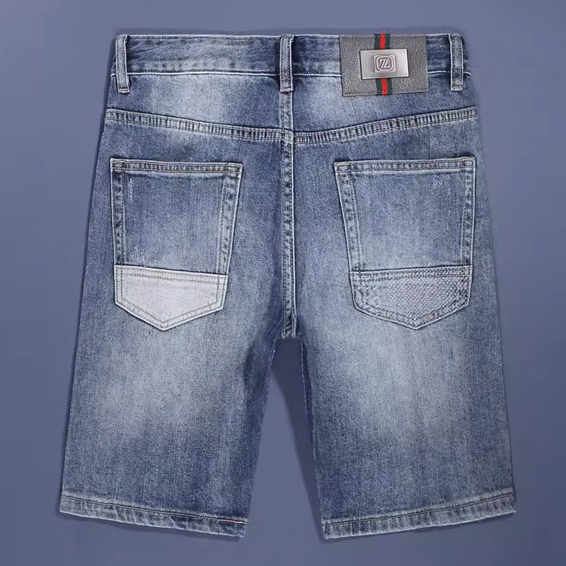Summer Fashion Retro Men's Jeans Vintage Washed Grey Blue Elastic Slim Fit Split Short Jeans Patch Designer Hip Hop Denim Shorts