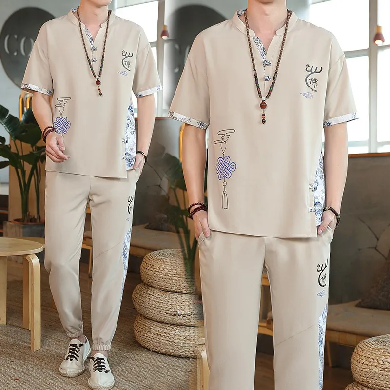 

2023 New Arrival Mens Cotton and Linen Short Sleeve T-shirt+Ankle Length Pant Set Solid Shirt+Trousers Home Suits Male