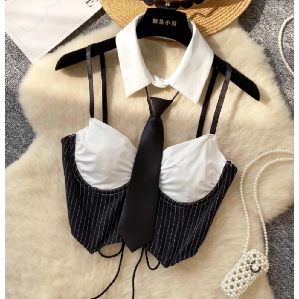 

Сексуальный тонкий корсет с бретелькой на бретельках в стиле пэчворк, шикарная корейская майка на бретелях, базовая модная летняя женская одежда с открытыми плечами