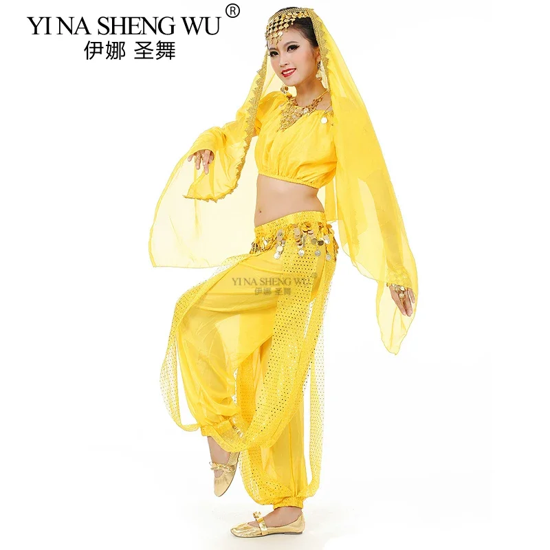 Conjunto de 3 peças de dança da índia, traje de performance de dança do ventre, chiffon, cobre, gong, lanterna, calças, manga curta, top, trajes de dança oriental