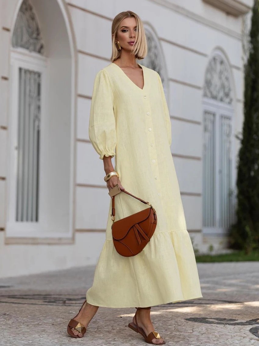 

Marthaqiqi Cotton Women'S Sleepwear Long Sleeve Nightgowns Sexy V-Neck Nightwear Ankle-Length Dress Casual Autumn Ladies Pajamas