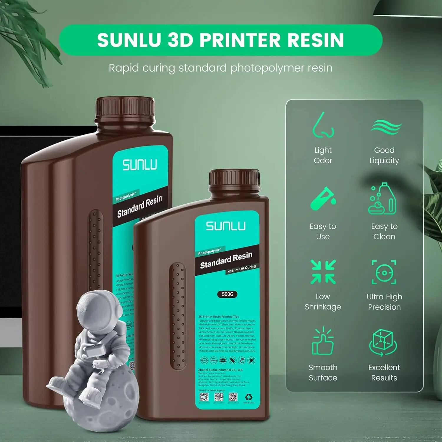 SUNLU 5KG ABS-Like/ Standard / Water-Wash/ 14K High Precision Resin 405nm Rapid UV-Curing Photopolymer Resin 1KG/Bottle