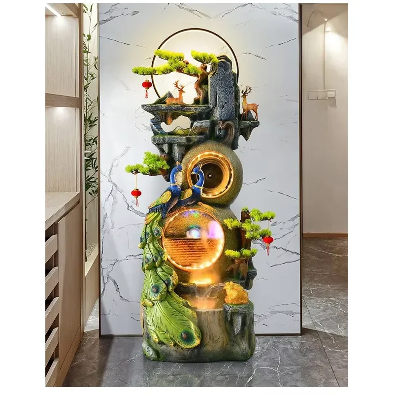 Feng Shui Peacock Retro Floor Decor Handmade Water Fountain Lobby Shop Feng Shui Decoration Indoor Ornament Floor Decor