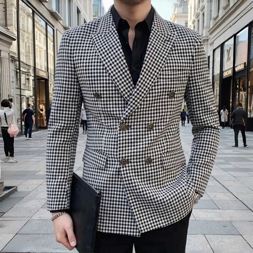 Slim Fit Plaid Men Suit Jacket 1 Piece Double Breasted Houndstooth Check Male Blazer For Wedding Prom Party tweed blazer coats