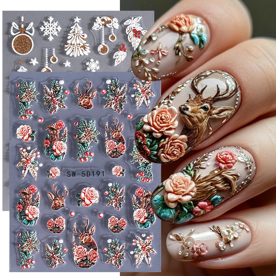 2 Stuks Reliëf Kerst Nail Art Stickers 5D Rose Rendier Holly Kerstboom Nail Decals Zelfklevende Sliders manicure Decoratie