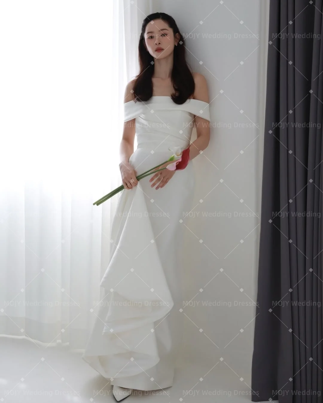 

Mojy 2026 Modest Wedding Gown Off the Shoulder A-line Floor-Length Ribbon Formal Event Dress Customized Elegant Party