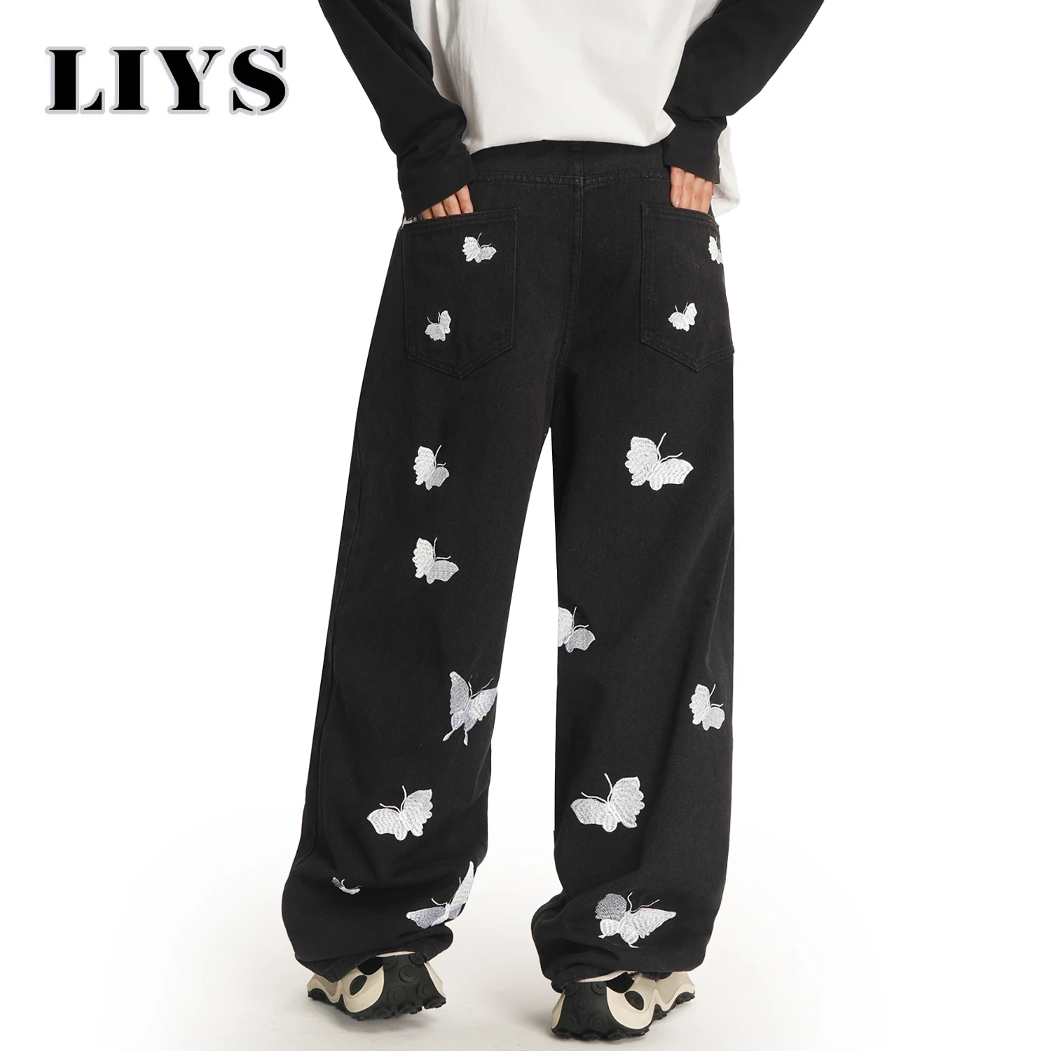 الكورية السوداء عارضة Y2K فضفاض واسعة الساق الرجال الجينز الأمريكية الرجعية فراشة التطريز فضفاض المتخصصة تصميم للجنسين الدنيم السراويل