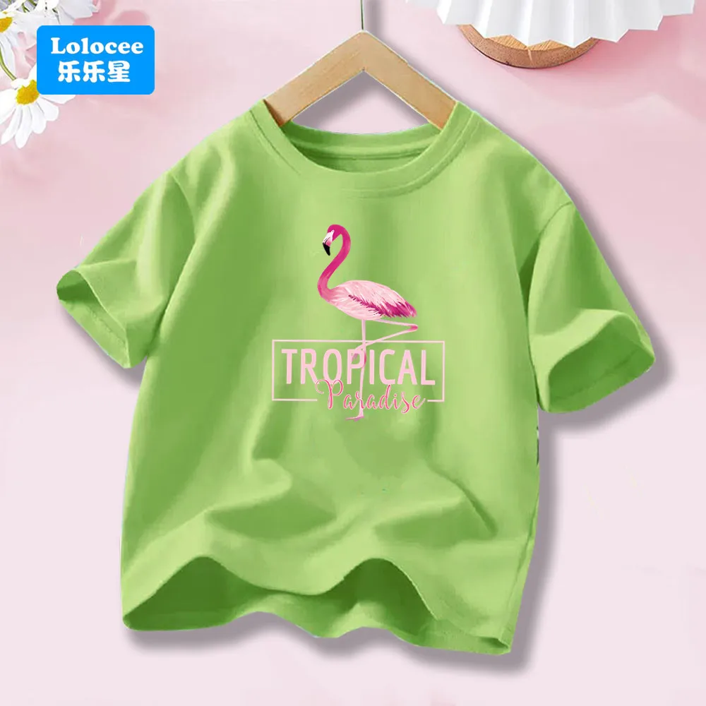 Elegant Tropical Paradise Flamingo Printed Tshirt Girls Funny Summer Fashion T Shirt Kids Cartoon Short Sleeve T-Shirt HLN1