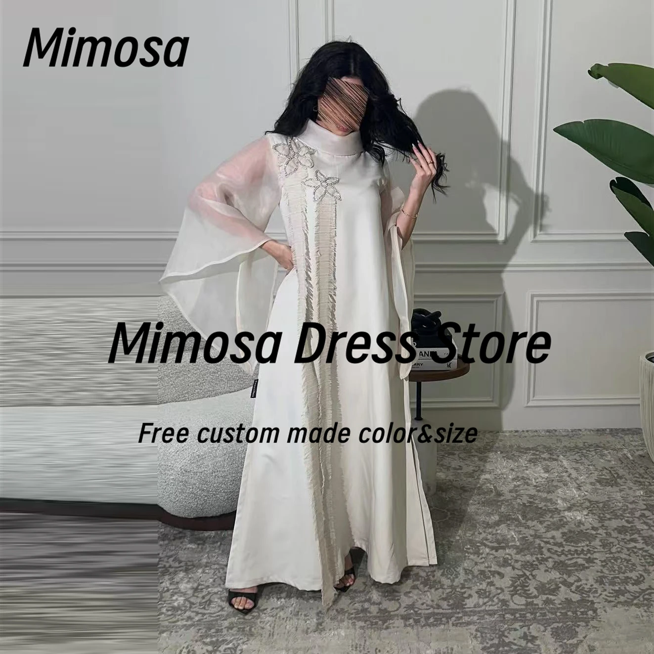 

Mimosa Saudi Arabia Prom Dresses 2025 High Collar Beading Flowers Flutters Evening Gowns Long Sleeves Party Dress Customized