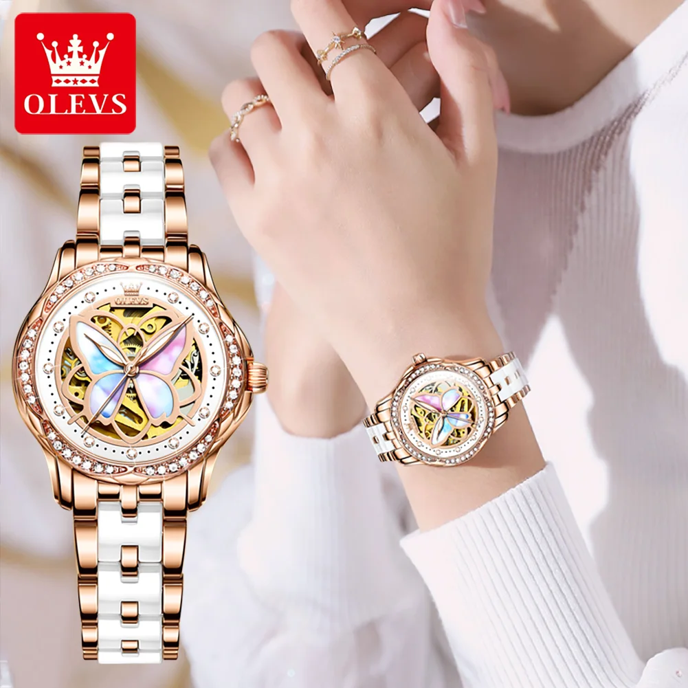 OLEVS Luxury Fashion Women's Watches Colorful Butterfly Dial Original Brand Automatic Mechanical Wristwatch Ceramics Strap Trend