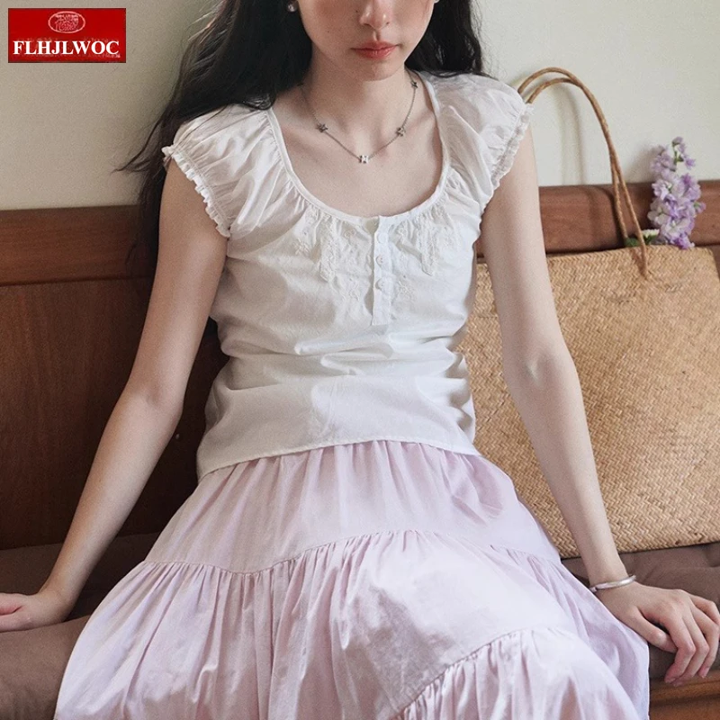 

Japan Style Retro Tops Blouses New Cute Sweet Girls Summer 2025 Fashion Solid Purple White Vintage Lace-Up Embroidery Cotton Top